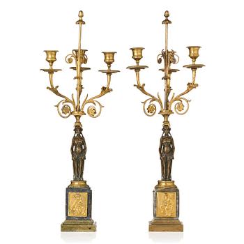 A pair of late Gustavian ormolu and marble three-light candelabra, Stockholm, late 18th century.