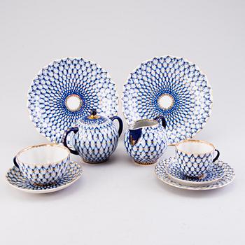 A 34-piece 'Cobalt Net' porcelain set for coffee and tea, Lomonosov, Soviet Union.
