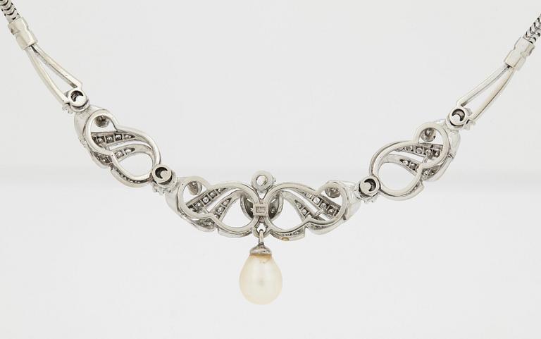 A NECKLACE set with round brilliant-cut diamonds and cultured pearls.