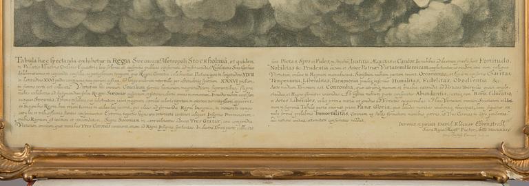 David Klöcker Ehrenstrahl, after, copper engraving and etching, three connected pieces. Laid on board.