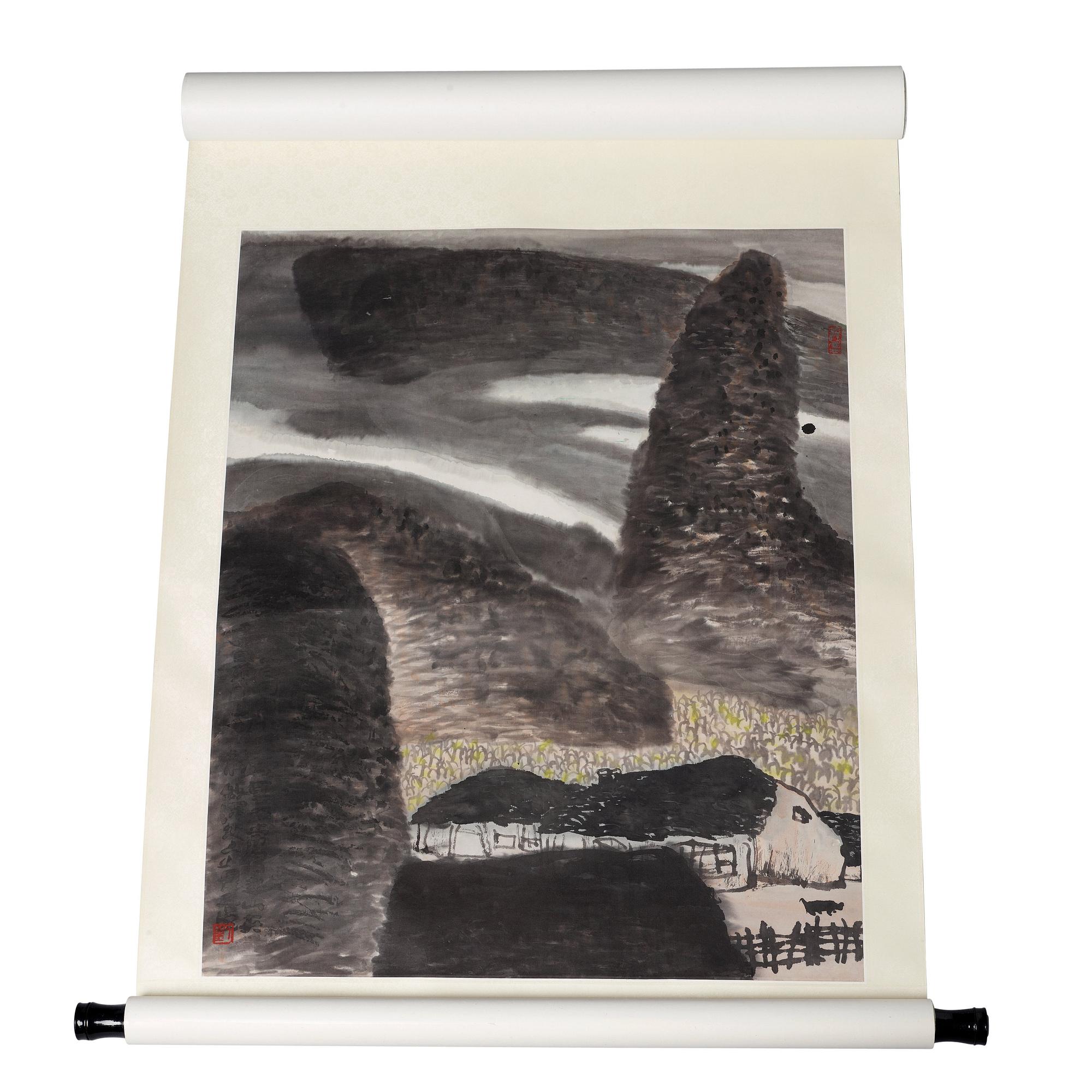 A hanging scroll signed by Liu Baojie (1963-), "Landscape from Hebei-province".