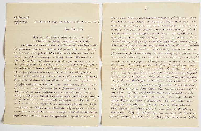 LETTER from Otto G. Carlsund to GAN (Gösta Adrian-Nilsson) in Lund, dated Stjärnhof 22.8.(19)28.