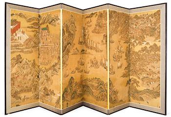 1308. VIKSKÄRM, sex delar, tusch och akvarell på papper. Okänd Japansk konstnär, troligen 1600-tal.