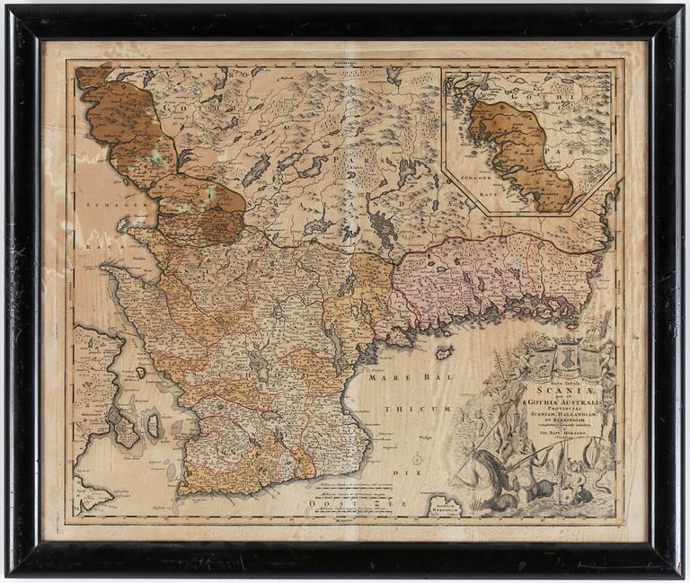 JOHANN BAPTIST HOMANN, handkolorerad etsning, karta över Skåne, 1700-tal.