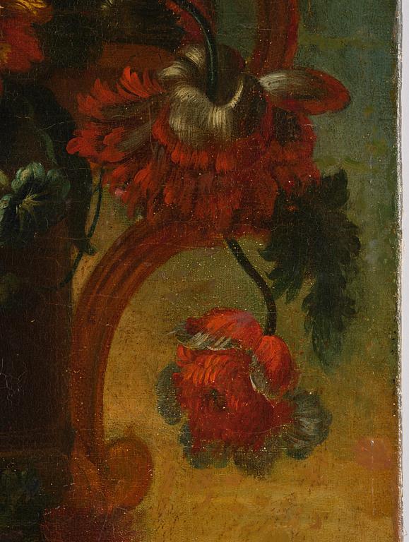 Pieter Casteels III, follower of, Wall panels, a pair, Flower urns with a parrot and a monkey respectively.