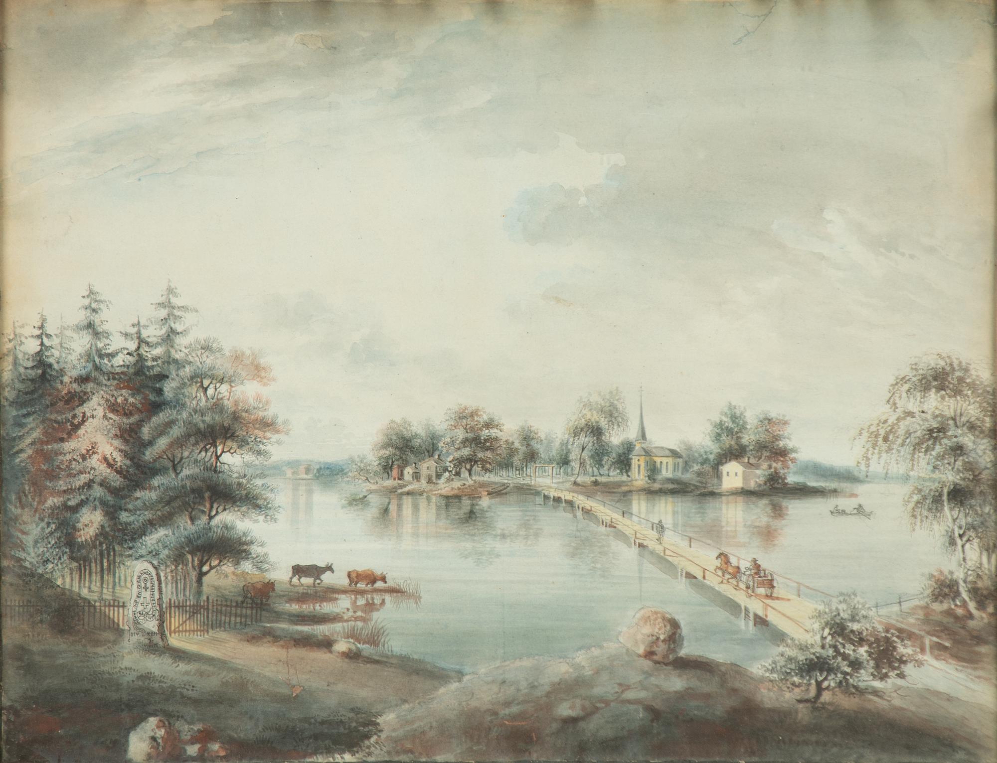 Elias Martin, attributed, Lake landscape with a church, choir, figures, and rune stone.