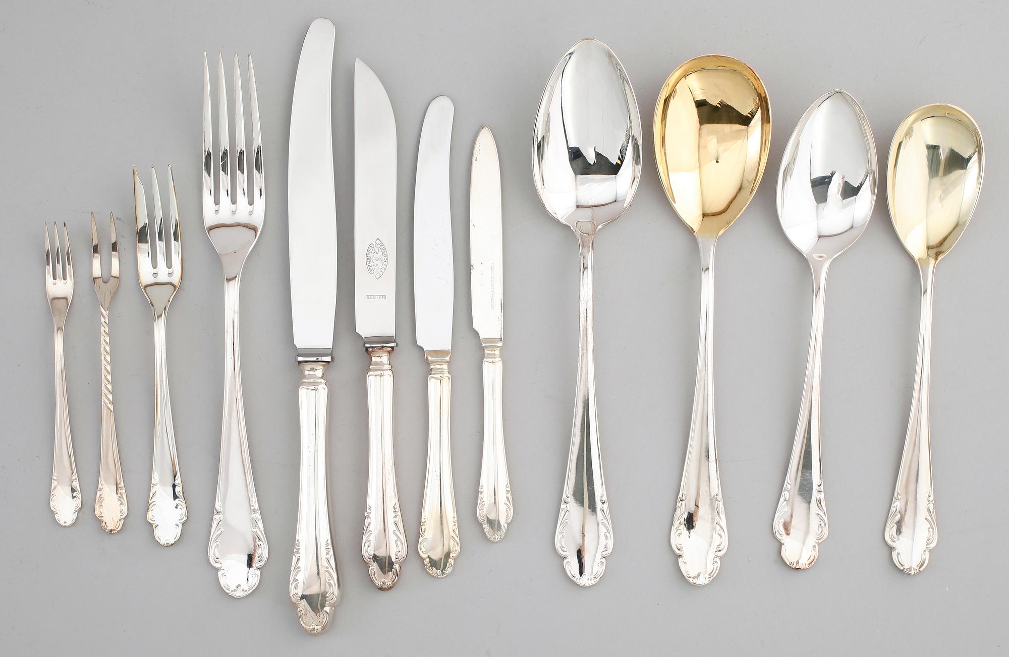 BESTICK, 65 delar, nysilver, Mema och Skandia, 1900-talets andra hälft.