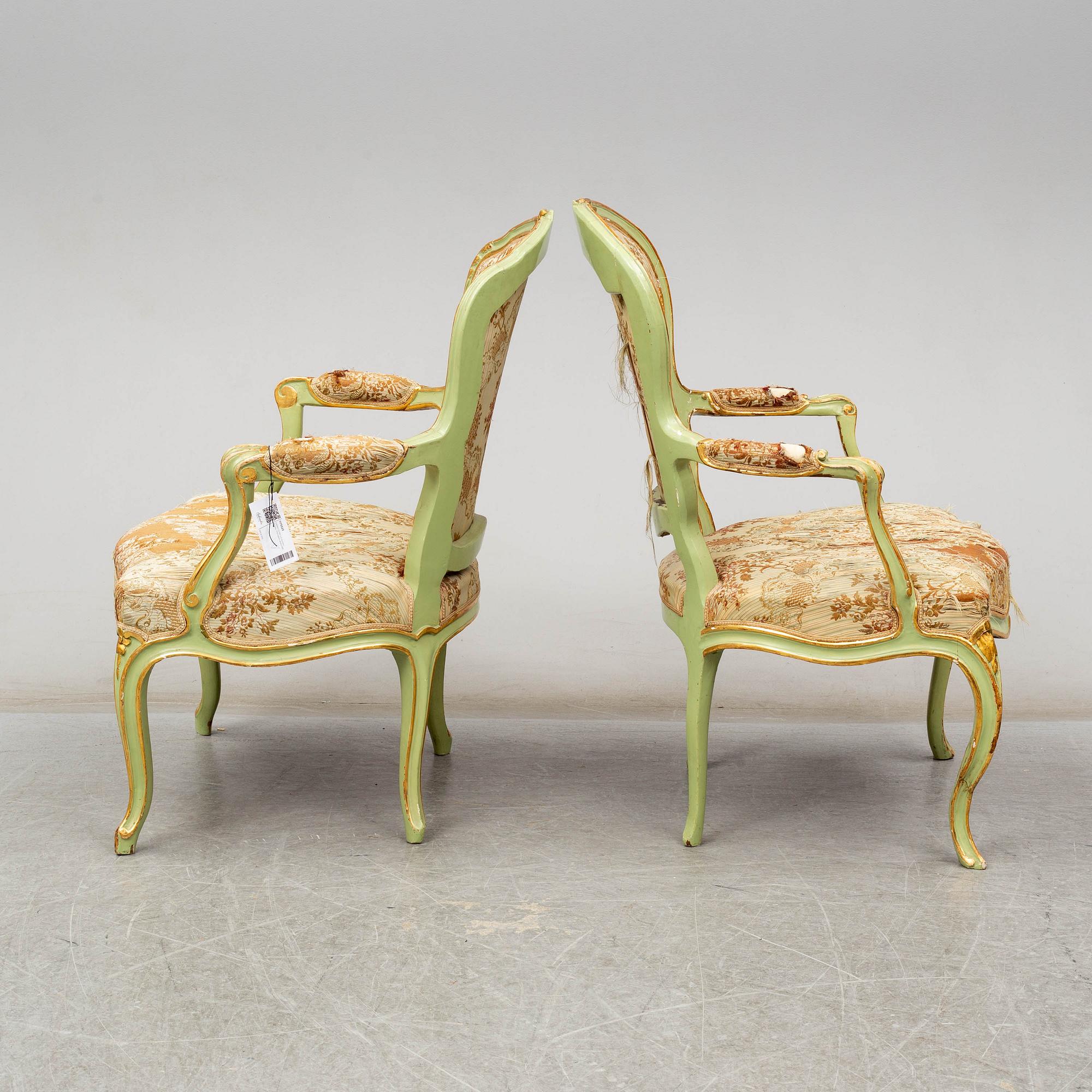 A pair of Swedish Rococo armchairs, second half of the 18th century.