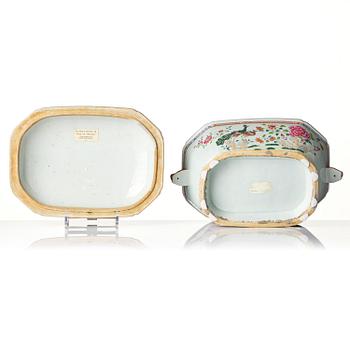 A famille rose 'double peacock' tureen with cover and stand, Qing dynasty, Qianlong (1736-95).