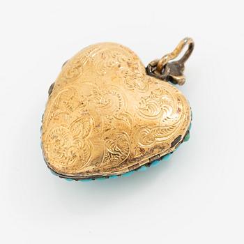 Häng/medaljong 18K guld med turkos och rosenslipade diamanter, 1800-tal.