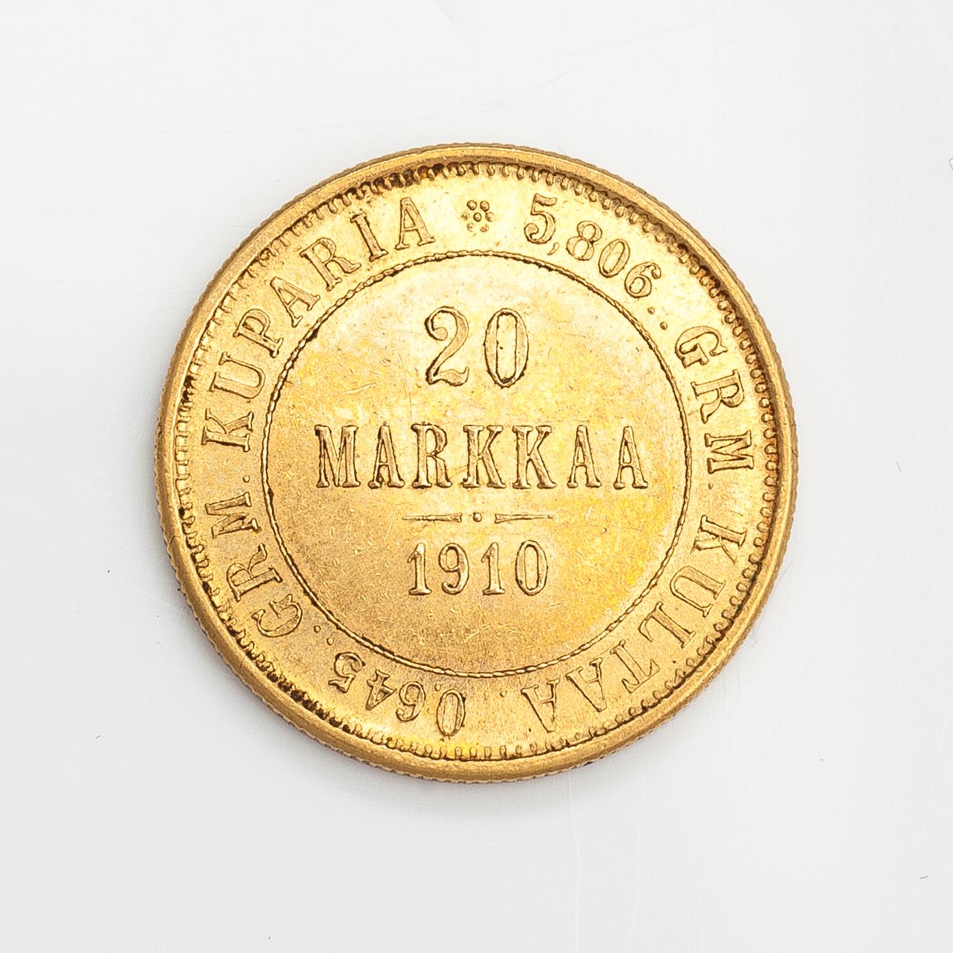 A gold coin, 20 mark, (900/1000), Finland 1910.