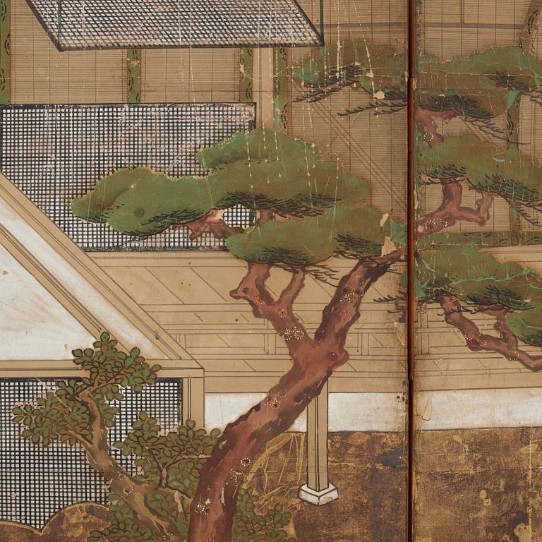 A Japanese six fold screen, Meiji (1868-1912).