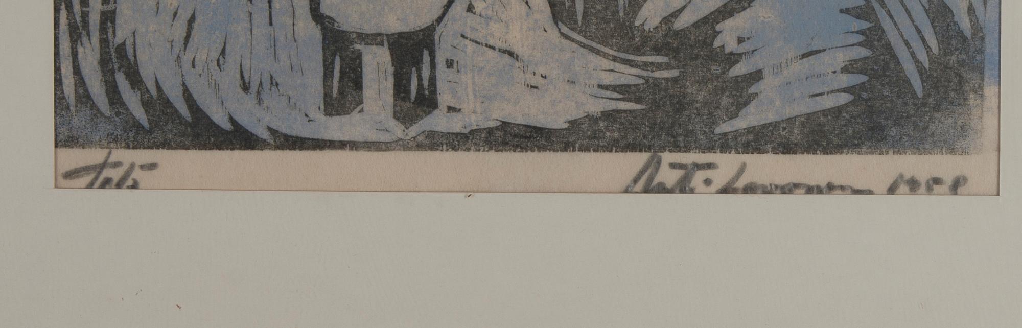 AHTI LAVONEN, träsnitt, signerad, märkt Tpl'a, och daterad 1958.