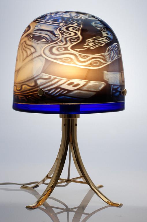 An Eva Englund graal glass table lamp, Orrefors 1988.