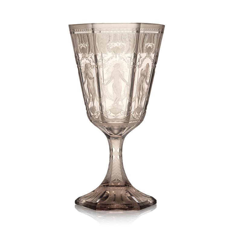 Simon Gate, pokal, graverat glas, "Sex Gracer", Orrefors, 1927.