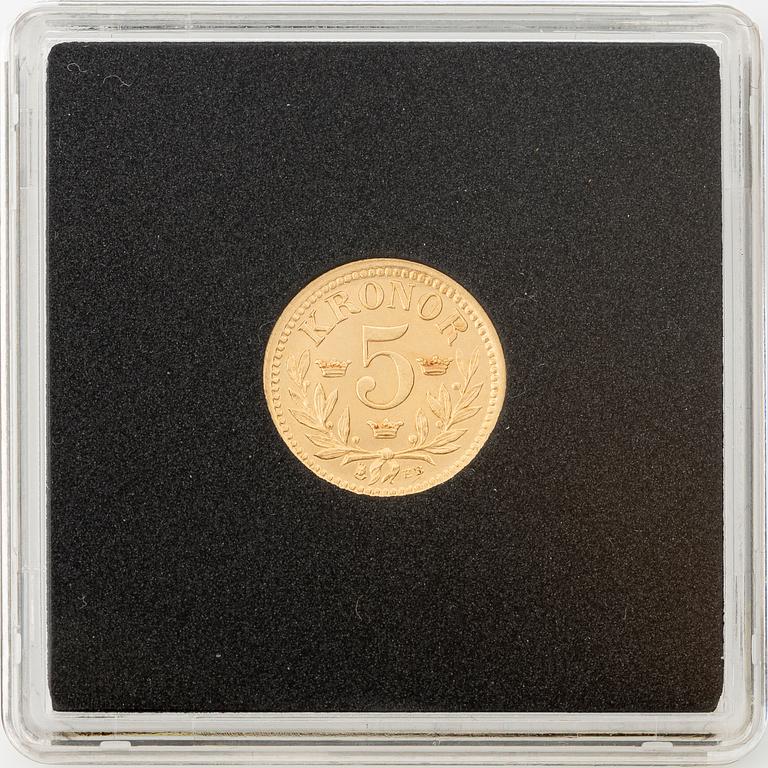 Guldmynt, Oscar II, 5 kronor, typ I, Sverige 1883.