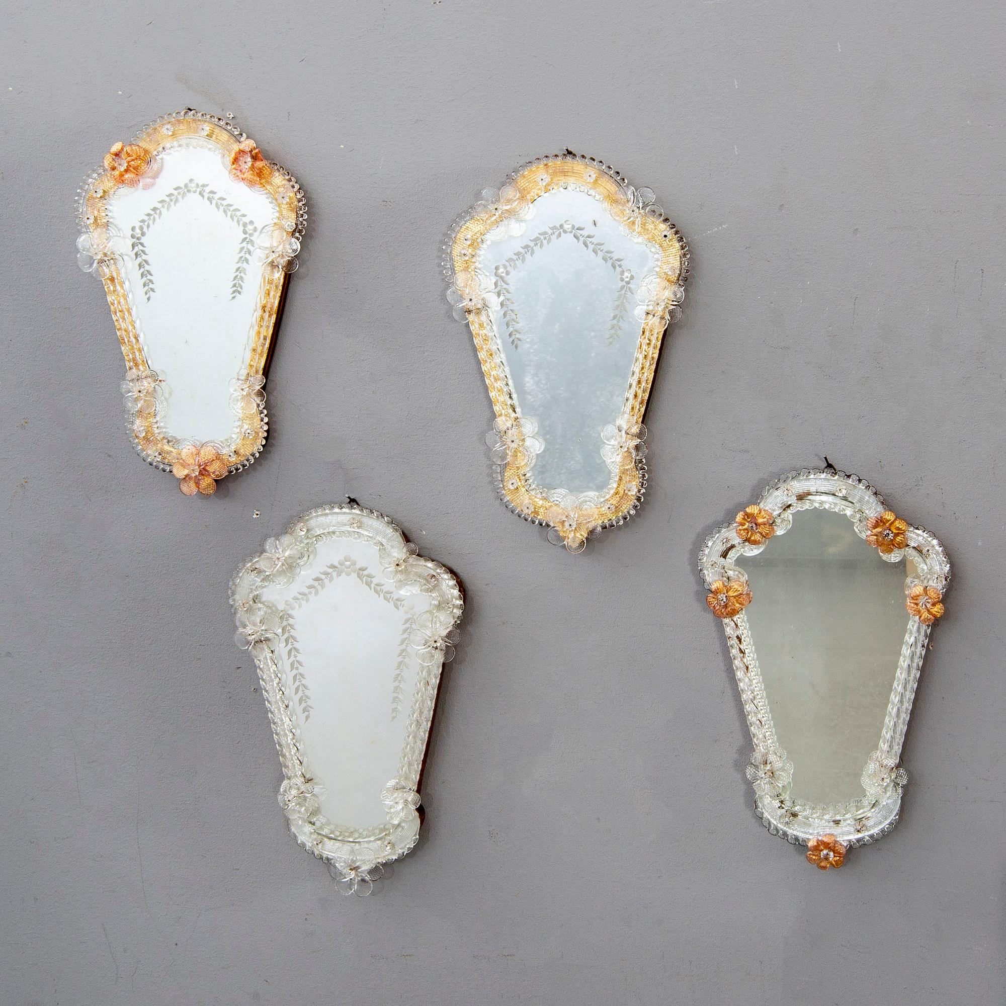 Four mid 20th century mirrors from Murano, Venice Italy.