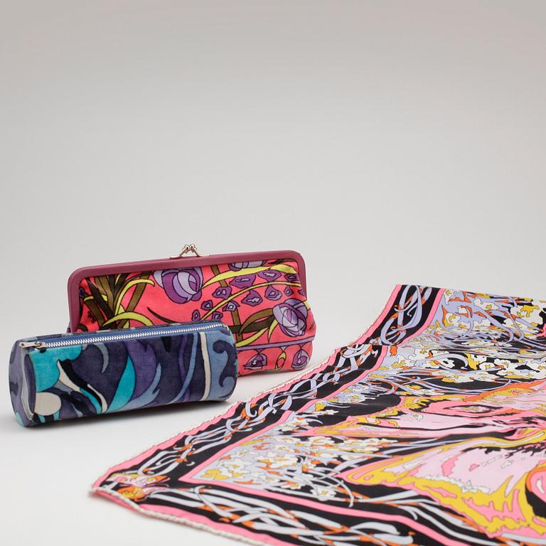 EMILIO PUCCI, a silk scarf and two purses.
