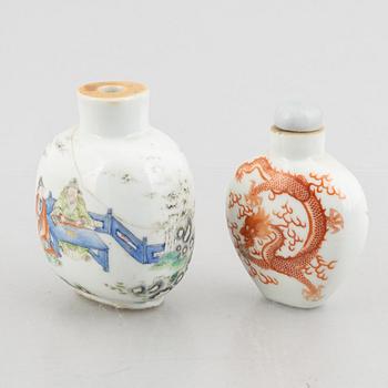 Two porcelain snuff bottles, China, late Qing dynasty.