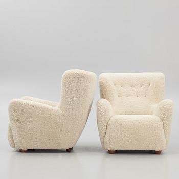 A pair of Danish Modern sheepskin armchairs, 1930's/40's.