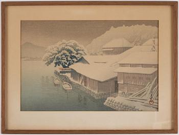 Kawase Bunjiro Hasui, Evening Snow at Ishinomaki (Ishinomaki no bosetsu).