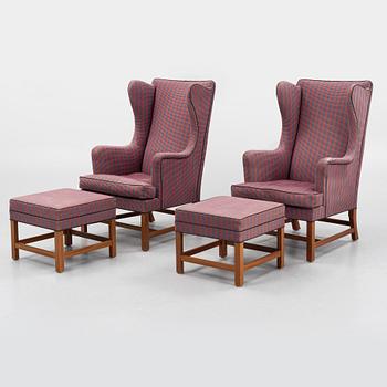 Kaare Klint, a pair of model 6212 armchairs with ottomans, Rud Rasmussen, Denmark.