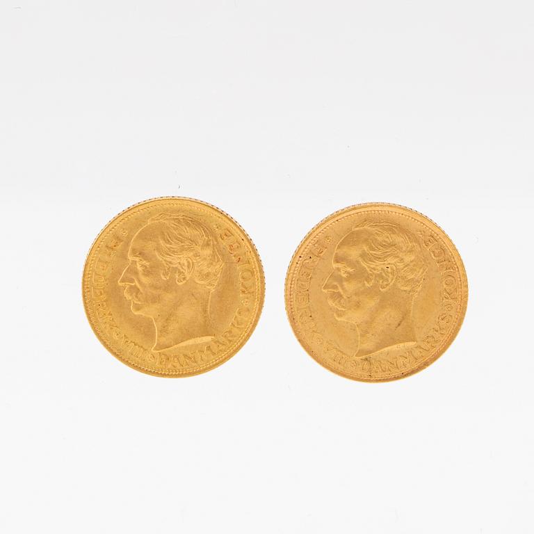 Gold coins 2 pcs 10kr Frederik VIII, Denmark 1909.