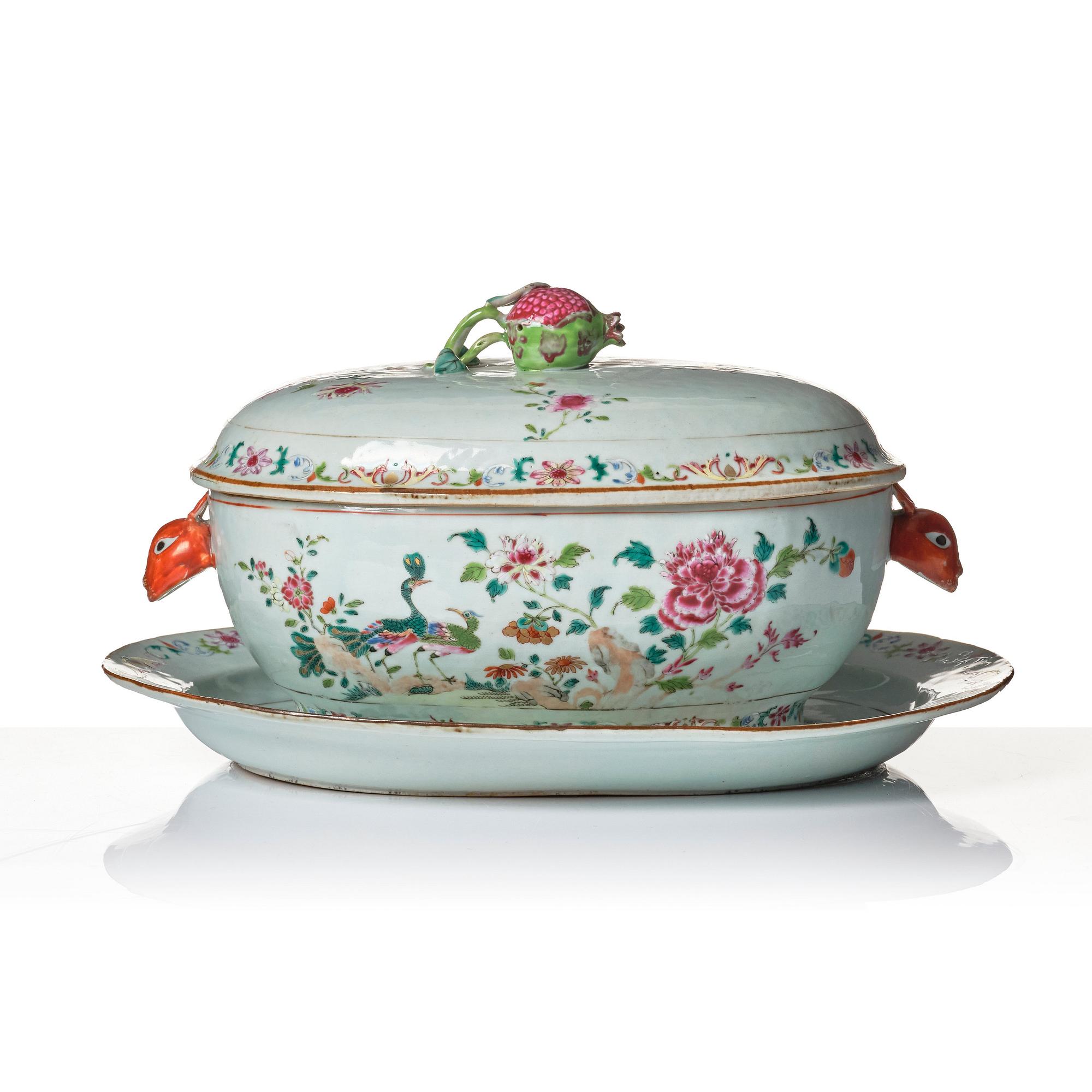 A famille rose 'double peacock' tureen with cover and stand. Qing dynasty, Qianlong (1736-95).
