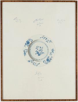 THREE CHRISTINE SUNDBERG WATERCOLOURS DEPICTING SWEDISH 18TH CENTURY FAIENCE PIECES.