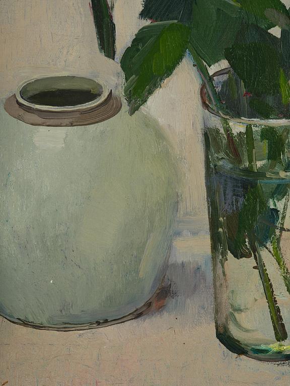 Olle Hjortzberg, Yellow roses in a glass vase.