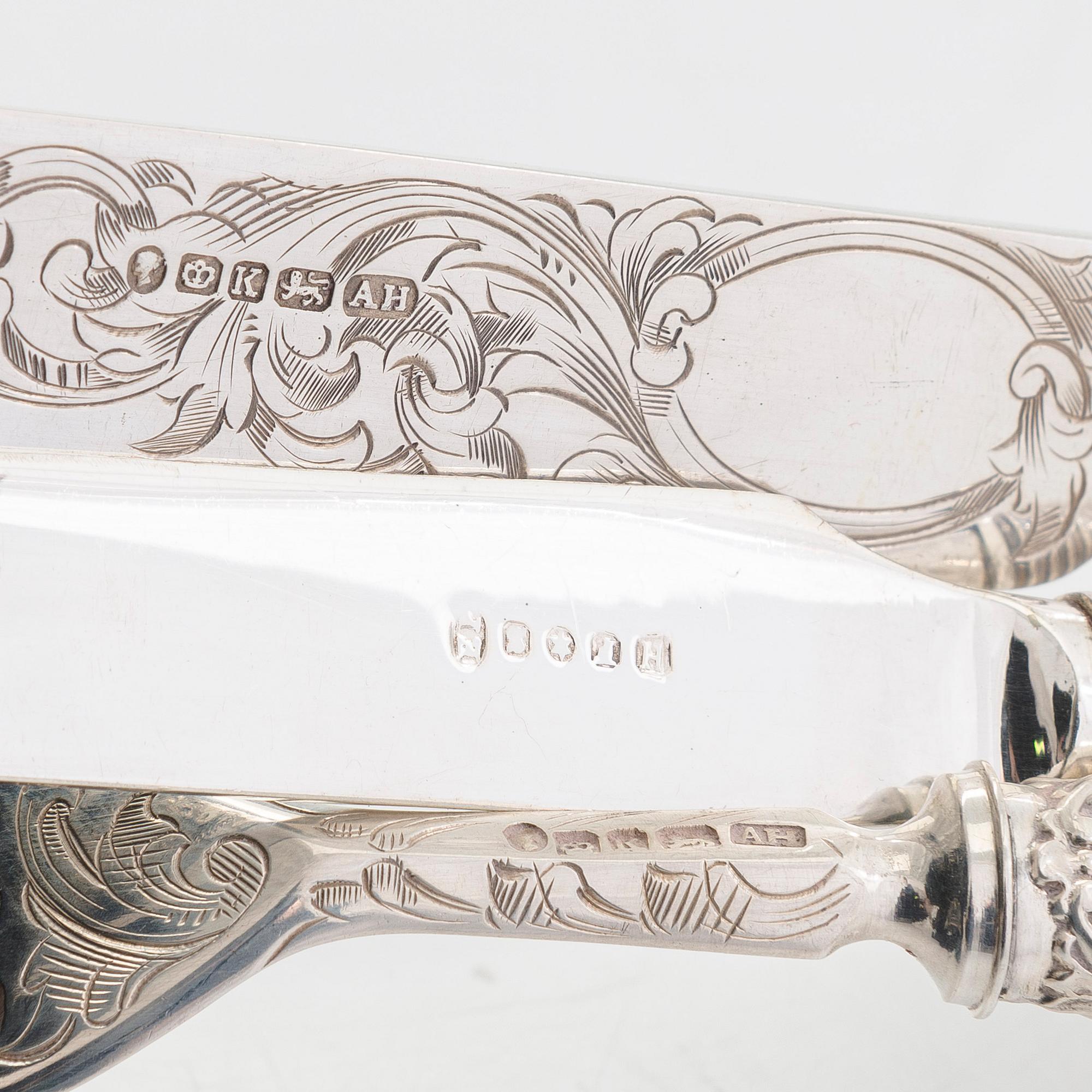 Smörgås- och fruktbestick, 24 st, pärlemor, dels sterlingsilver, dels försilvrade, Sheffield 1853 och 1905.