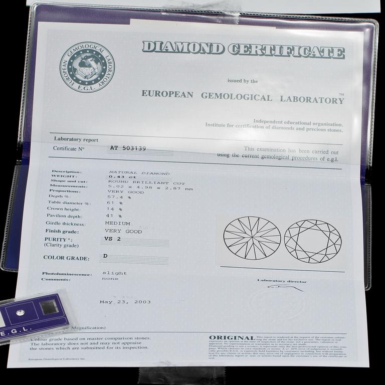 BRILJANTSLIPAD DIAMANT, oinfattad, 0.43 ct, certifikat daterat 2003.