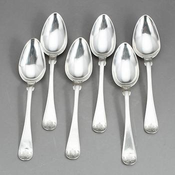 RAGUSKED samt SKEDAR, 6 st, silver, Gustav Graumann, Falun, 1860 respektive 1861. Vikt 548 g.