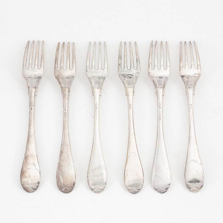 Six Swedish silver forks, mark of Gustaf Otto Sjöberg, Falun 1813.