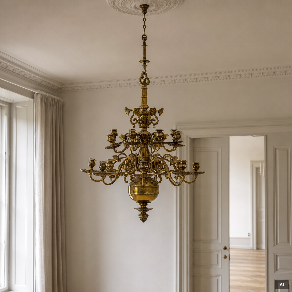 A Baroque style brass chandelier, 20th century.