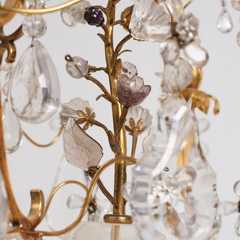 A French Louis XV-style six-branch gilt-bronze, rock crystal and amethyst chandelier, 19th century.