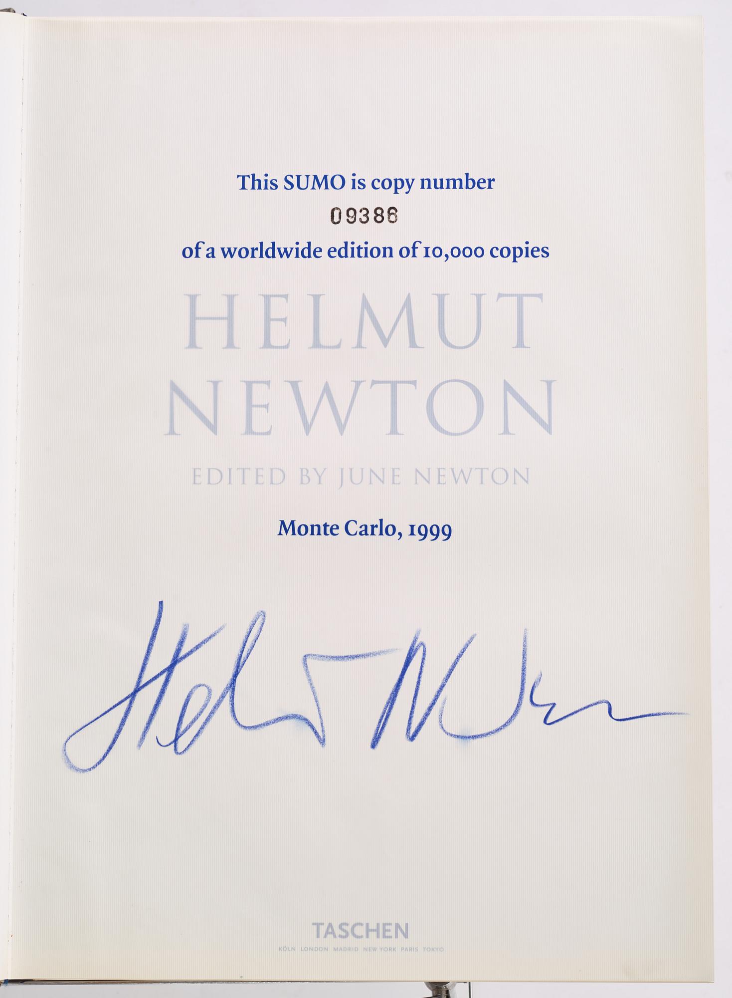 Helmut Newton, Signed book published by Taschen, Monte Carlo, 1999, ed 10000, with a metal table.
