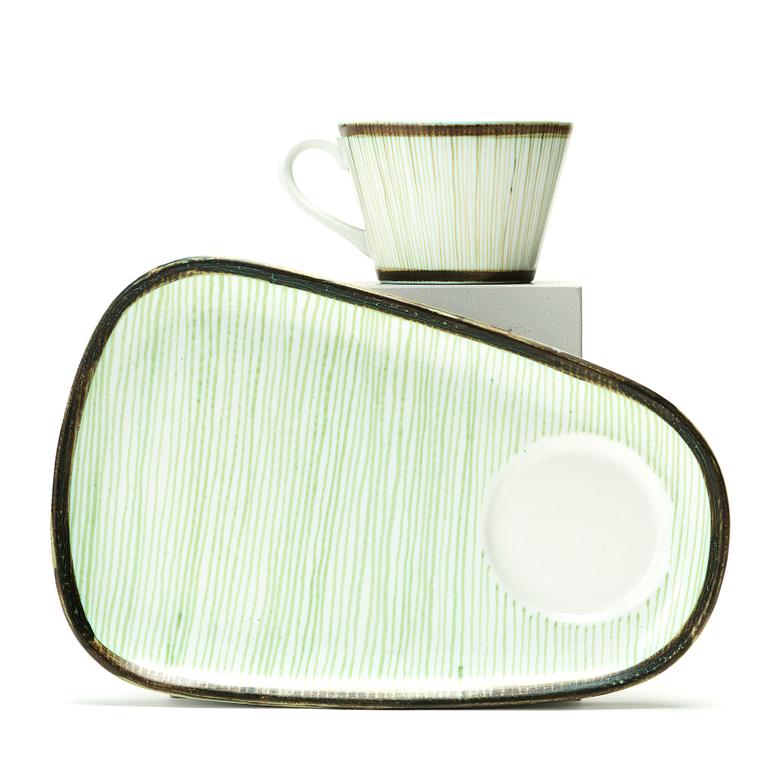 Stig Lindberg, "TV-koppar", 6 st med fat, fajans, Gustavsbergs studio 1950-tal.