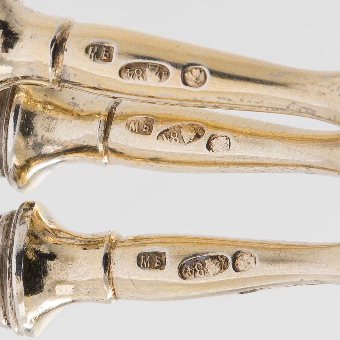 A set of six parcel-gilt forks, maker's mark of Mihail Bogdanov, Saint Petersburg 1892-1912.