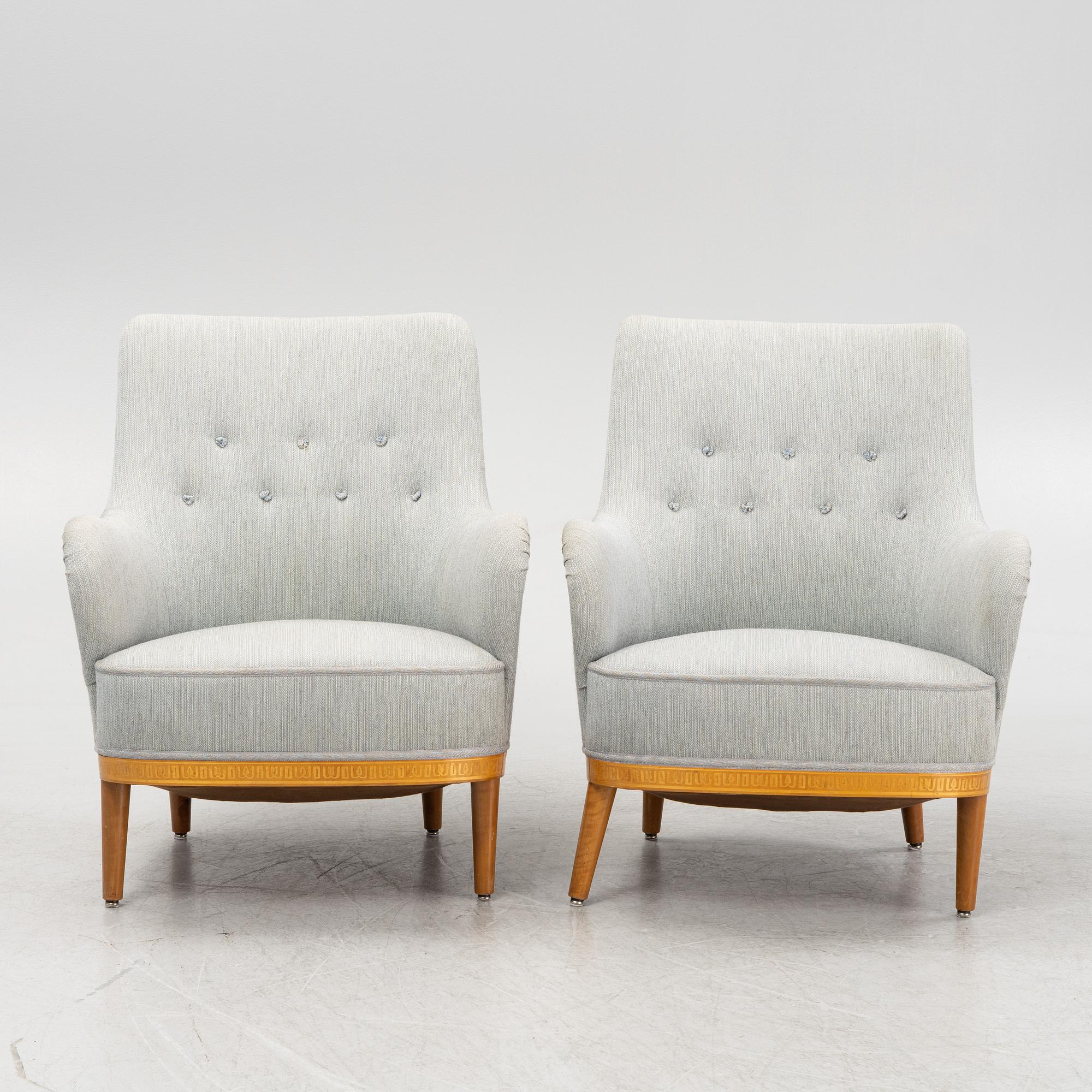 Carl Malmsten, attributed to. A pair of inlay easy chairs, mid 20th Century.