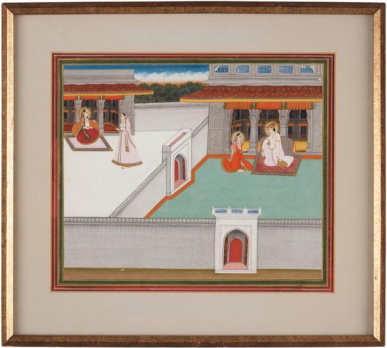 An illustration to a poetic series, elegant ladies of the court, India, late 18th century.