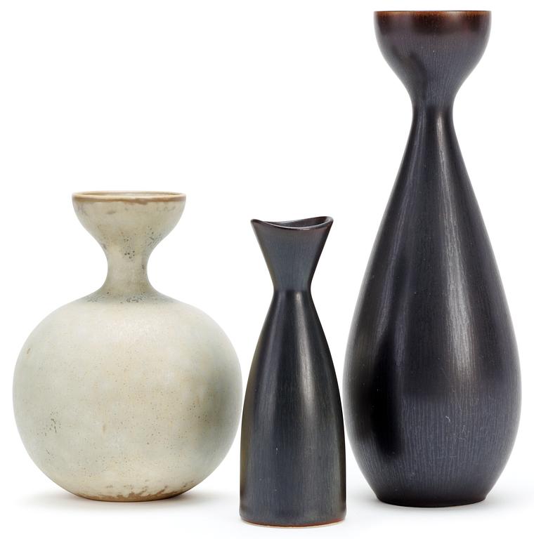 Three Carl-Harry Stålhane stoneware vases, Rörstrand.