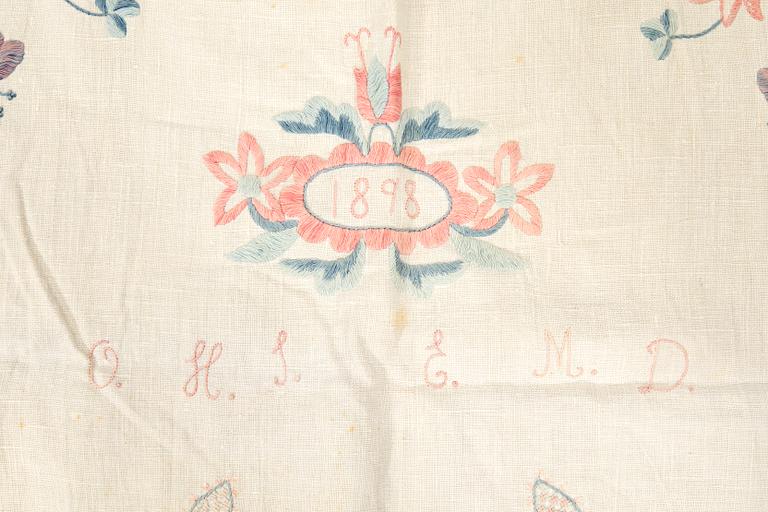 Embroidered textile dated 1898, linen, approximately 183x67 cm.