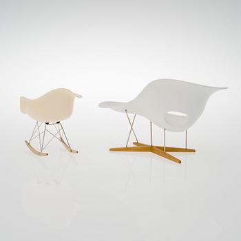 TWO CHARLES & RAY EAMES MINIATURES, "La Chaise" and "RAR", plastic, wood, fiberglass, metal, Vitra Design Museum.