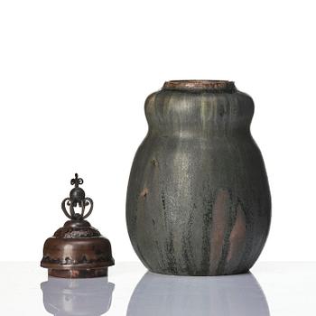 Patrick Nordström, a stoneware urn with a patinated metal cover, Royal Copenhagen, Denmark 1914.