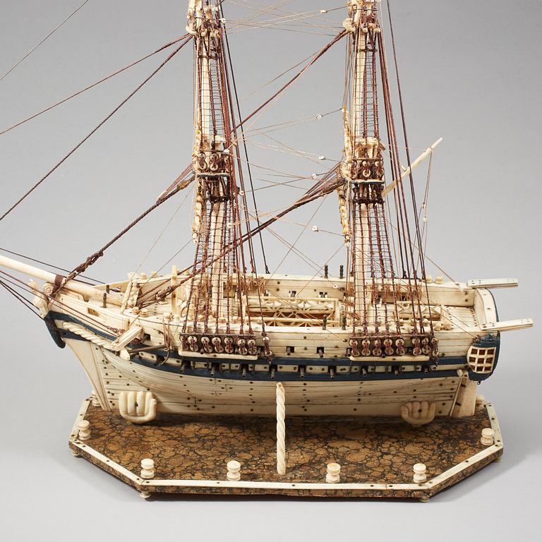 An Anglo-French early 19th century carved bone "Prisoner of War" 40 gun ship model.
