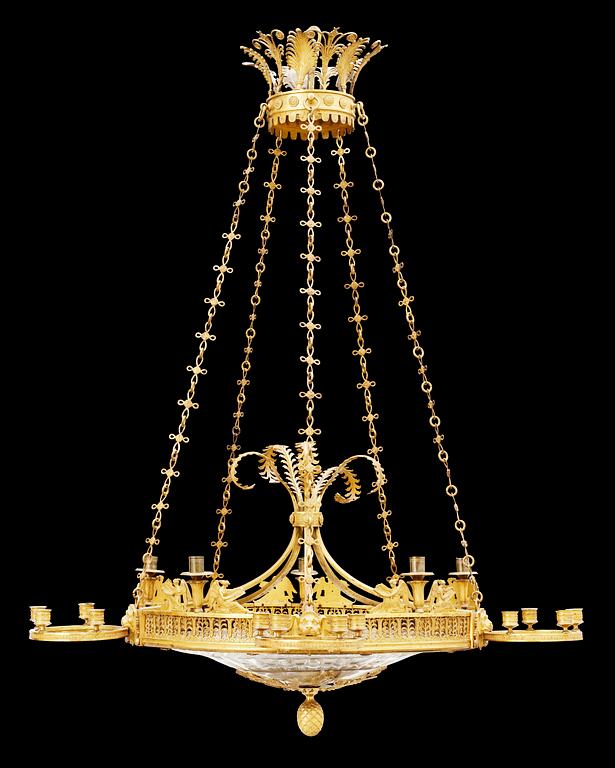 A gilt bronze and glass 25-light hanging lamp, attributed to C. Rossi and A. Schreiber, St Petersburg circa 1815.