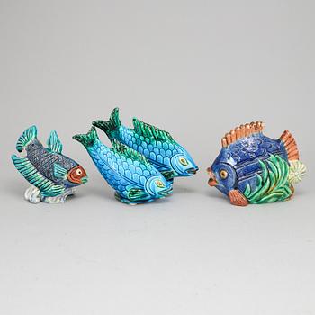 GUNNAR NYLUND, three stoneware sculptures of fish, Rörstrand mid 20th century.