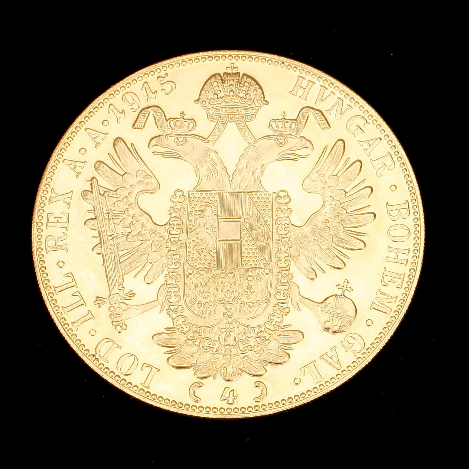 GULDMYNT, Frans Josef I, Österrike-Ungern, bär dat 1915. Vikt 13 gr.