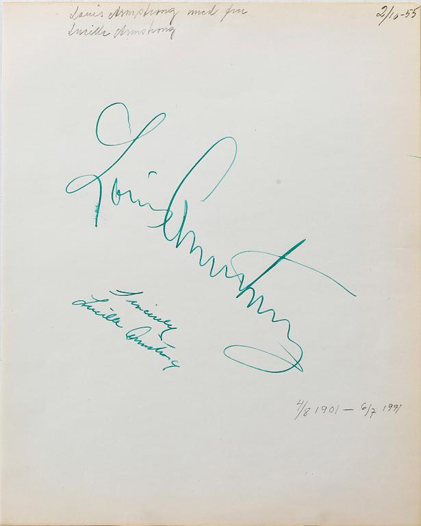 AUTOGRAF, Louis Armstrong (1901-1991), egenhändigt signerad. 1950-tal.